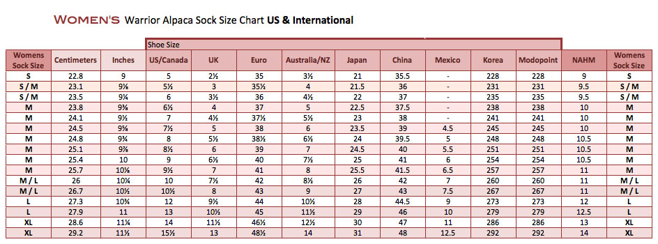 Sock Size Chart For Women